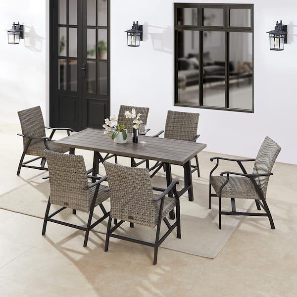ULAX FURNITURE 7-Piece Metal Outdoor Dining Set with Wicker Rocking Chairs and Slatted Table