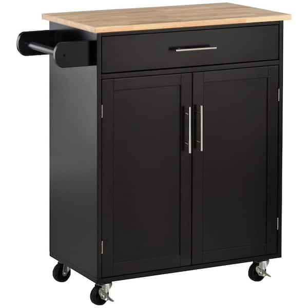 Black Rubber Wood Veneer 56 in. Kitchen Island with Adjustable Shelf, 1-Door Shelves, 4-Wheels with Deep Drawers