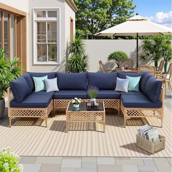 JUSKYS 7-Pieces Brown Wicker Patio Furniture set Conversation Set with Blue Cushions and Coffee Table
