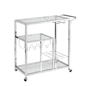 Contemporary Chrome Kitchen Cart Bar Serving Cart Tempered Glass Metal Frame Wine Storage