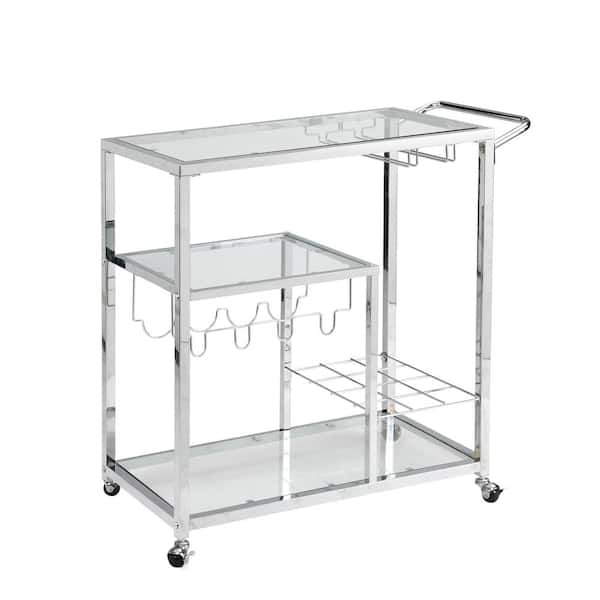 Unbranded Contemporary Chrome Kitchen Cart Bar Serving Cart Tempered Glass Metal Frame Wine Storage