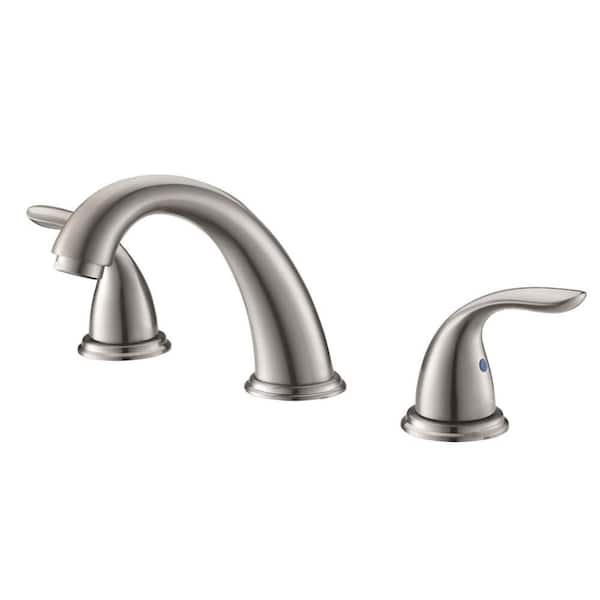 Phiestina 2-Handles 3-Holes Deck Mount Brushed Nickel Widespread Bathroom Faucet, with Stainless Steel Pop Up Drain