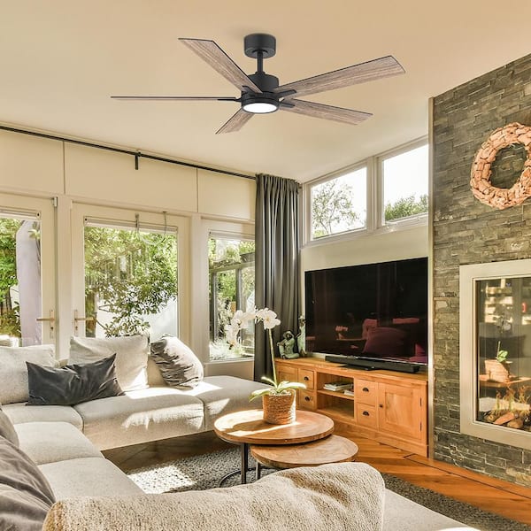 52 in.Modern Indoor Outdoor Black Standard Angled Mount Ceiling Fans with LED Light and Remote Control,6-Speed,Dimmable