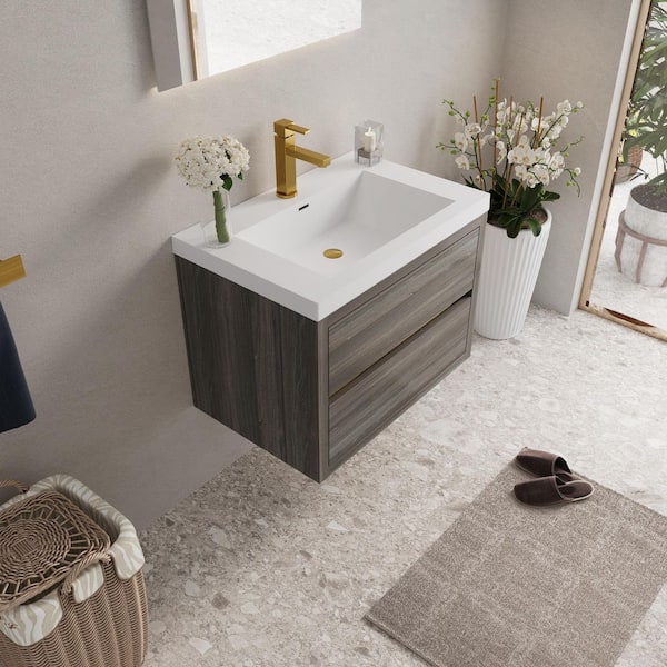 30 in. Single Sink Floating Wall-Mounted Grey Ash Bath Vanity with Glossy White Stone Top Pre-assembled