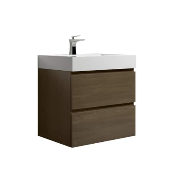 MYCASS 24 in. W x 18.1 in. D x 20.5 in. H Floating Bath Vanity in Dark Oak with 1-White Glossy Sink Solid Surface Top