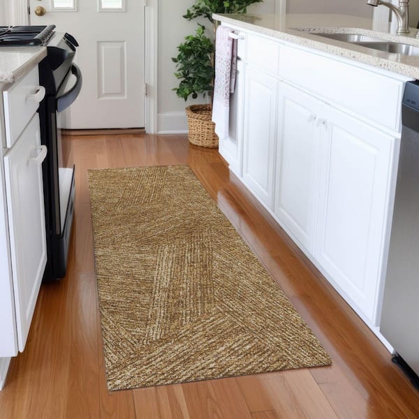 Mayfield Premium Machine Washable Abstract AMF991 Gold 2 ft. 3 in. x 7 ft. 6 in. Runner Rug