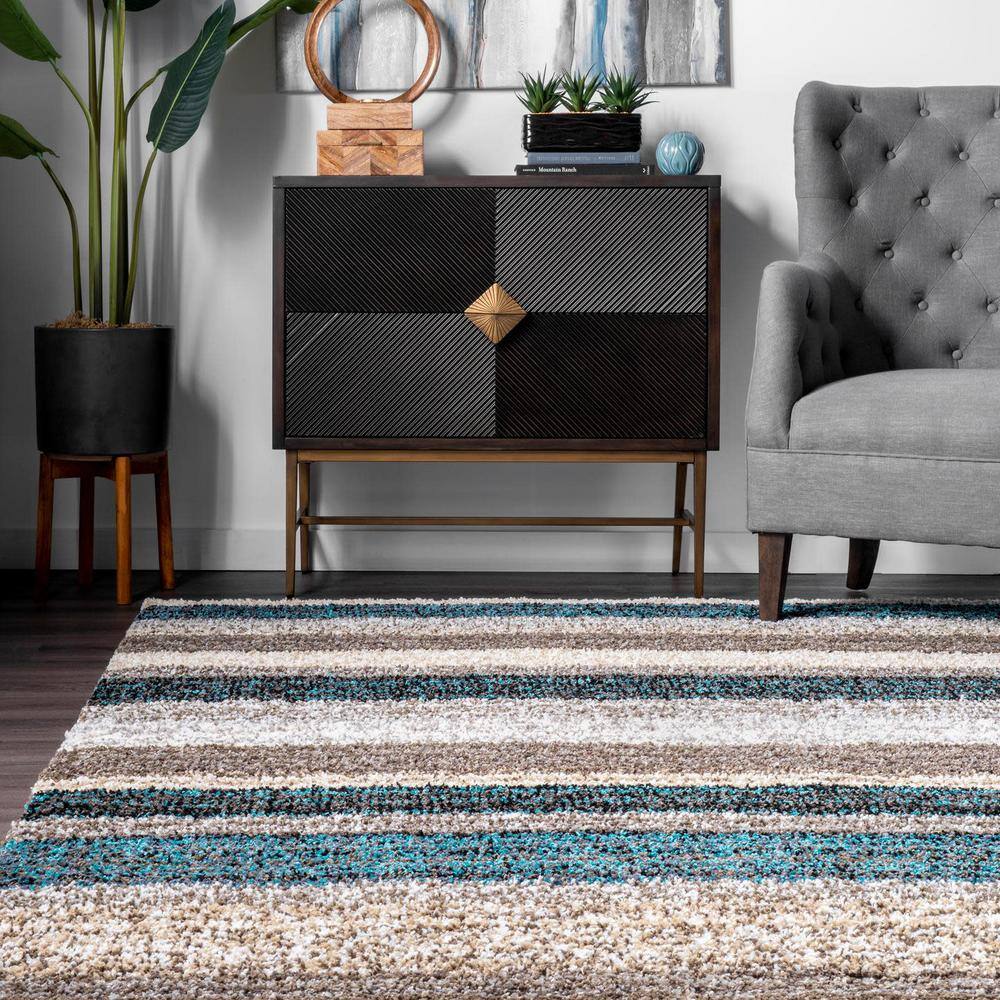 Handmade Tufted Striped Shag Round Rug in Blue Multi