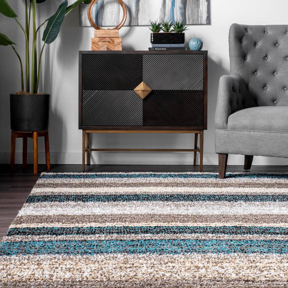 Blue Multi Striped Hand-Tufted Shag Area Rug 5' x 8'