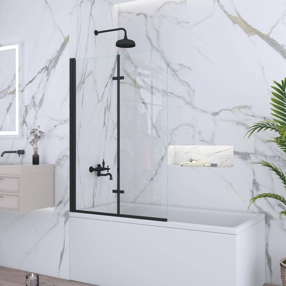 Matte Black Frameless Pivot Tub Door with Clear Tempered Glass