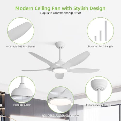 48 in. Indoor Noiseless White Integrated LED Reversible Ceiling Fan with 5-Blade DC Motor Remote Control Sofucor Ceiling Fans With Lights