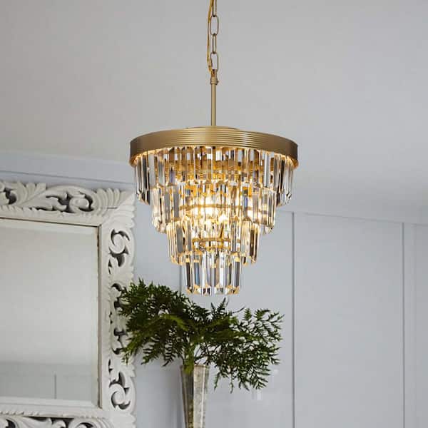 3-Light Tiered Gold Mini Chandelier With Clear Crystals