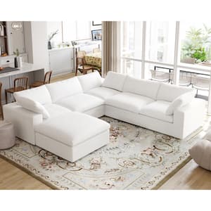 120.45 in. Square Arm 6-Piece Linen L-Shape Modular Sectional Sofa Corner Cloud Couch in White with Ottoman