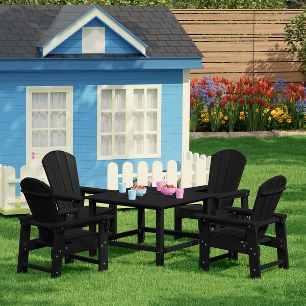 Children's Laguna Outdoor Patio All Weather Plastic 5-Piece Kids Adirondack Square Picnic Table Dining Set in Black