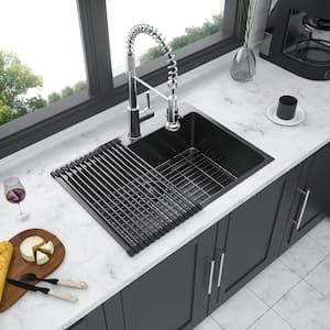 28 in. Drop-In Single Bowl 16 Gauge Gunmetal Black Stainless Steel Kitchen Sink with Bottom Grids