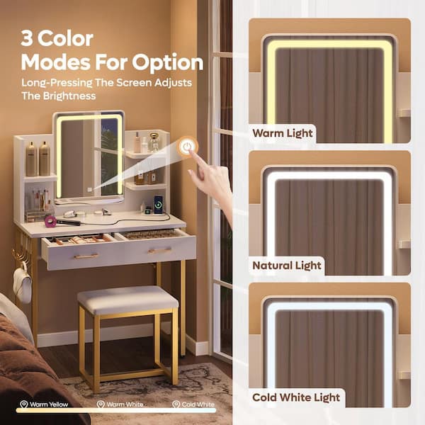 2-Drawers White LED Light Makeup Vanity Sets with Touch Screen Dimming Mirror, Bulid-in Outlets and Storage Shelves