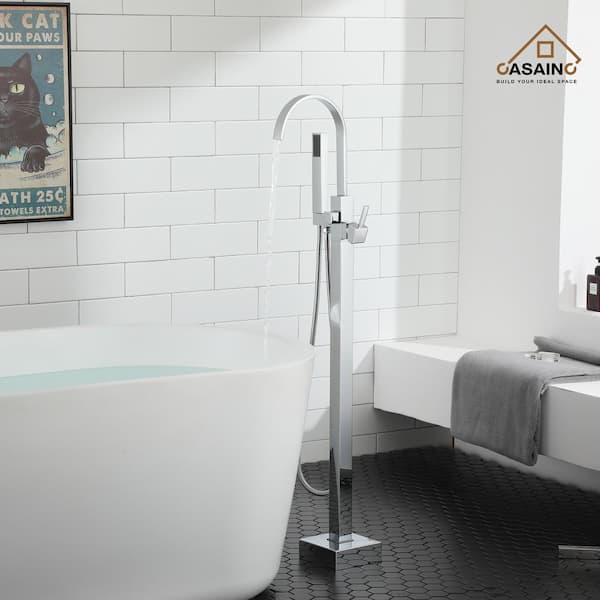 Single-Handle Floor Mounted Bathtub Faucet High Flow Bathroom Tub Filler with Hand Shower in Chrome