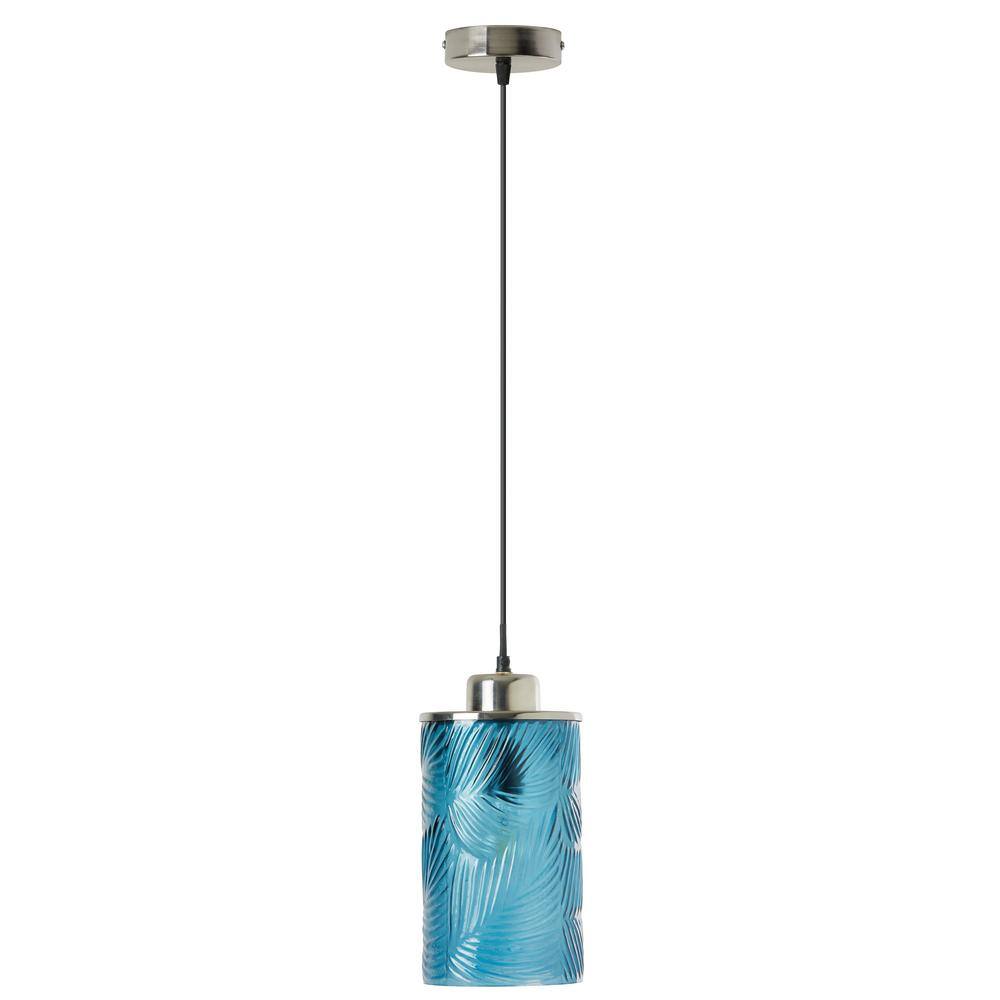 Aimee Blue Glass Cylinder Pendant Lamp with Palm Leaf Texture