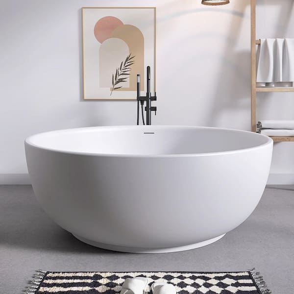 59 in. x 59 in. Solid Surface Stone Resin Freestanding Bathtub Round Soaking Bathtub in Matte White