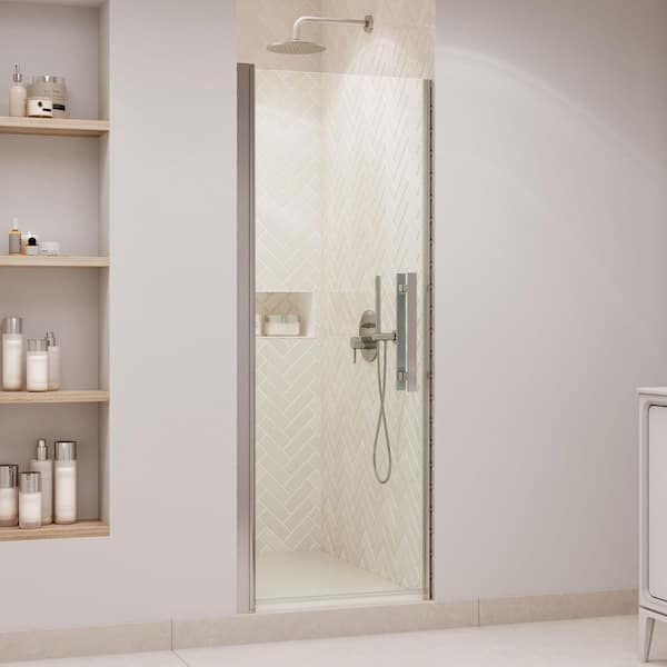 Pasadena 29.41 in. Max Width x 72.01 in. H Pivot Alcove Frameless Shower Door in Satin Nickel