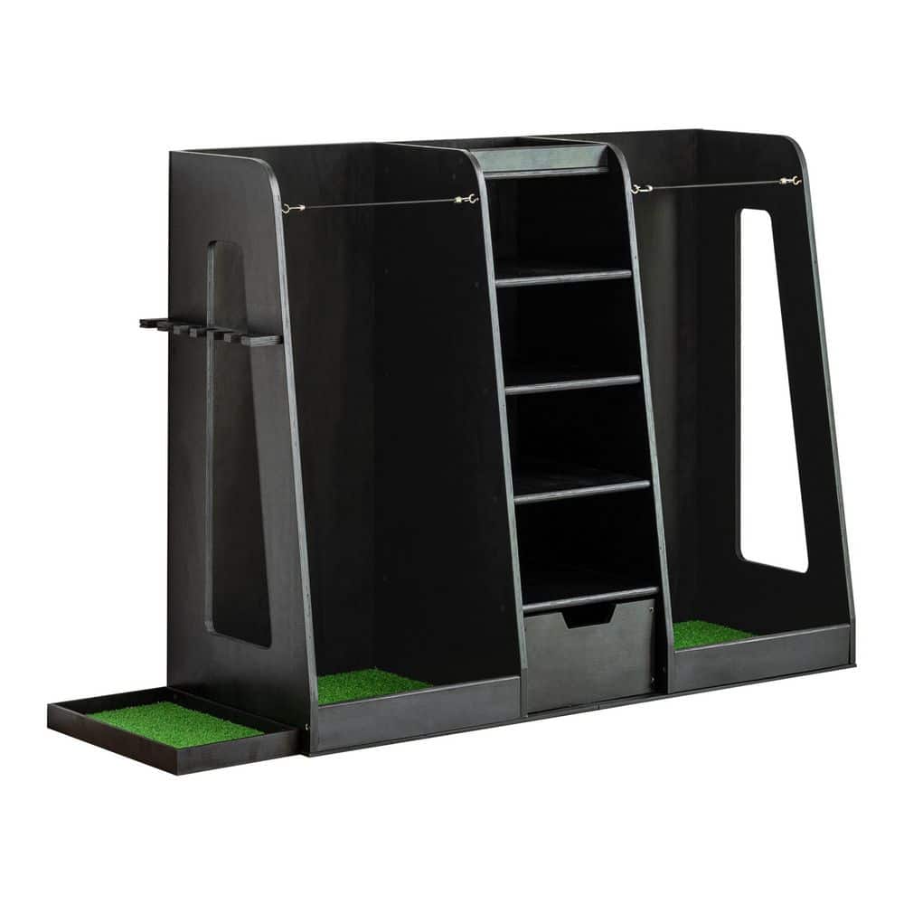 Noble House Oriana Black Wood 2-Golf Bag Storage Organizer with Drawer, Shelves and Club Holders 148407