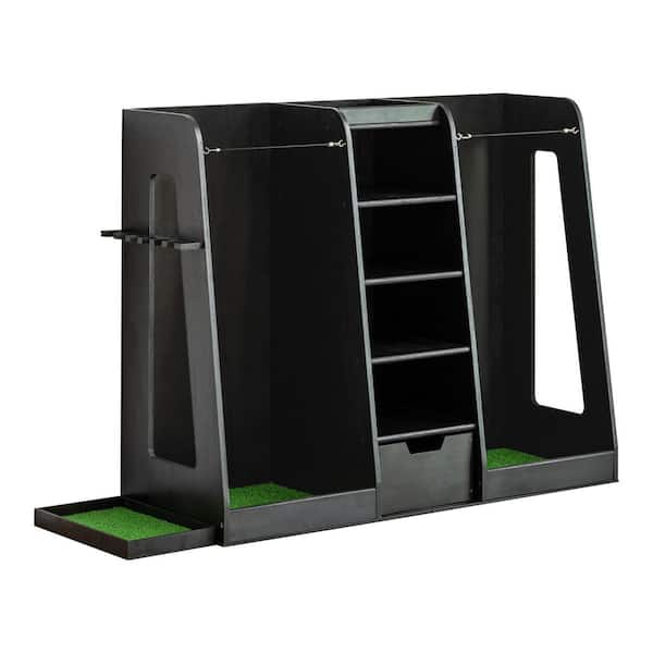 Oriana Black Wood 2-Golf Bag Storage Organizer with Drawer, Shelves and Club Holders