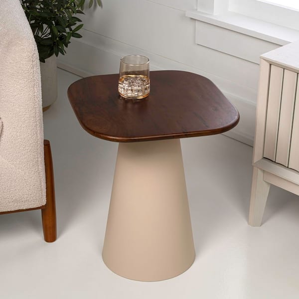 Skye 15.75 in. Modern Rustic Square Wood/Metal Accent Table, Walnut Wood/Warm Ivory