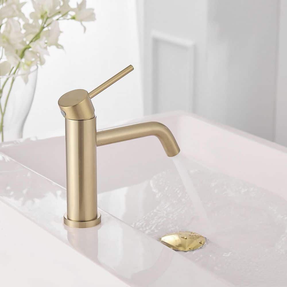 Brushed Gold Single Handle Low-Arc Bathroom Faucet with Drain