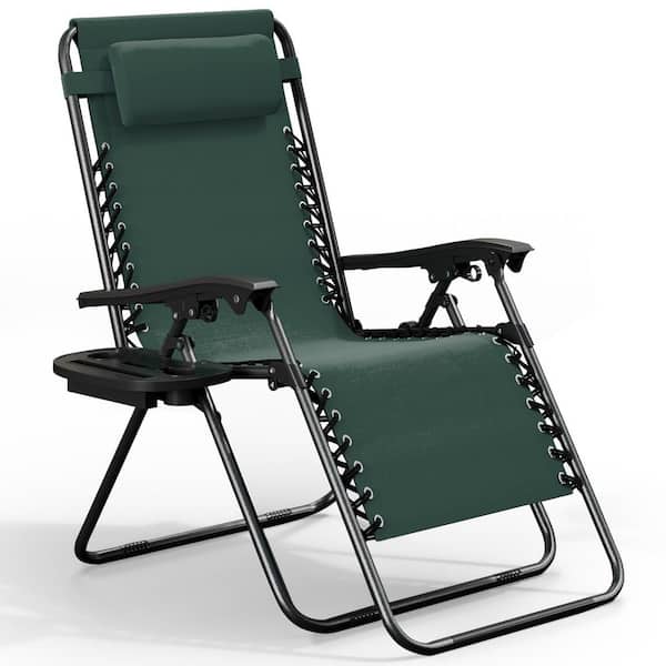 Forest Green Zero Gravity Chairs, Metal Outdoor Lawn Chair with Pillow and Cup Holder Tray