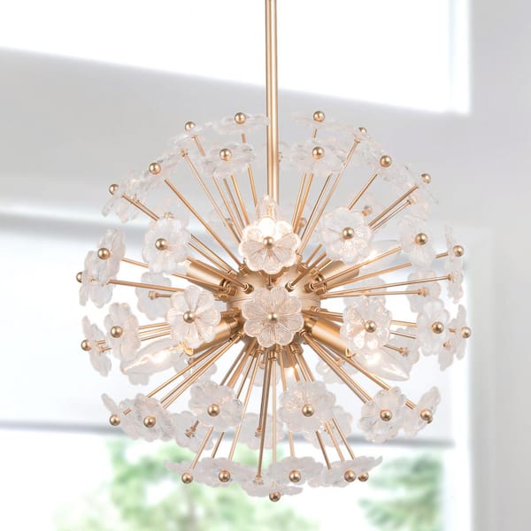Uolfin Modern Gold Sputnik Bedroom chandelier, 6-Light Dining Room Island Pendant Light Fixture with Flower Glasses