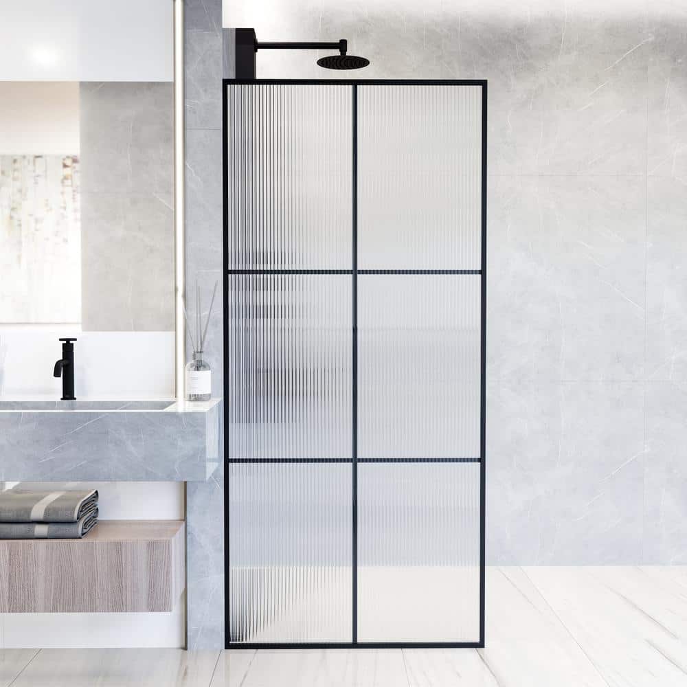 Ventana Matte Black 34" x 74" Framed Shower Screen with Fluted Glass