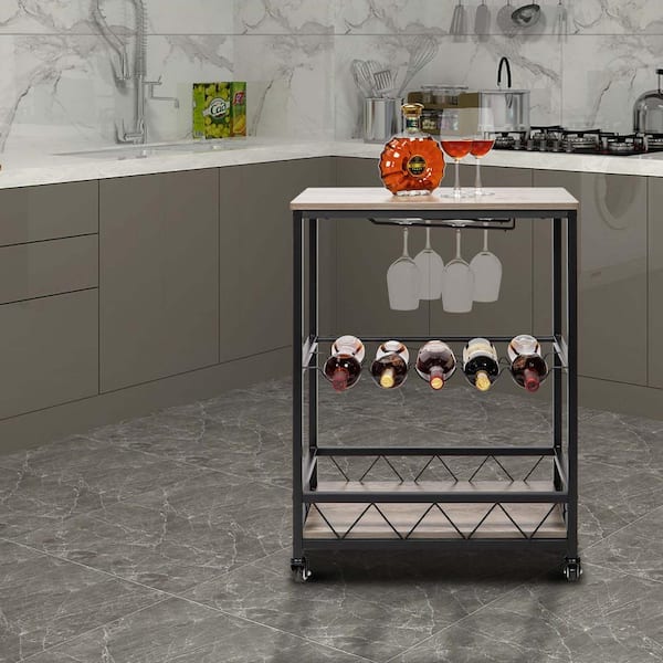 Unbranded Black and Vintage Grey Industrial Vintage Style Kitchen Cart with Wine Rack