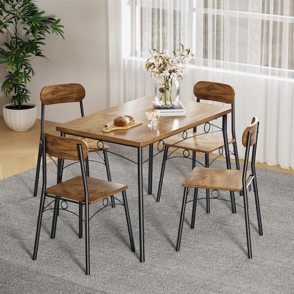 VECELO 5-Piece Dining Table Set, Rectangular Kitchen Table & Chairs, Dining Table Set w/Metal Frame, 1 Table & 4 Chairs Set