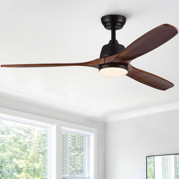 TeakAura 52 in. Indoor Matte Black Farmhouse Ceiling Fan with Light, with Remote and Solid Wood Blades