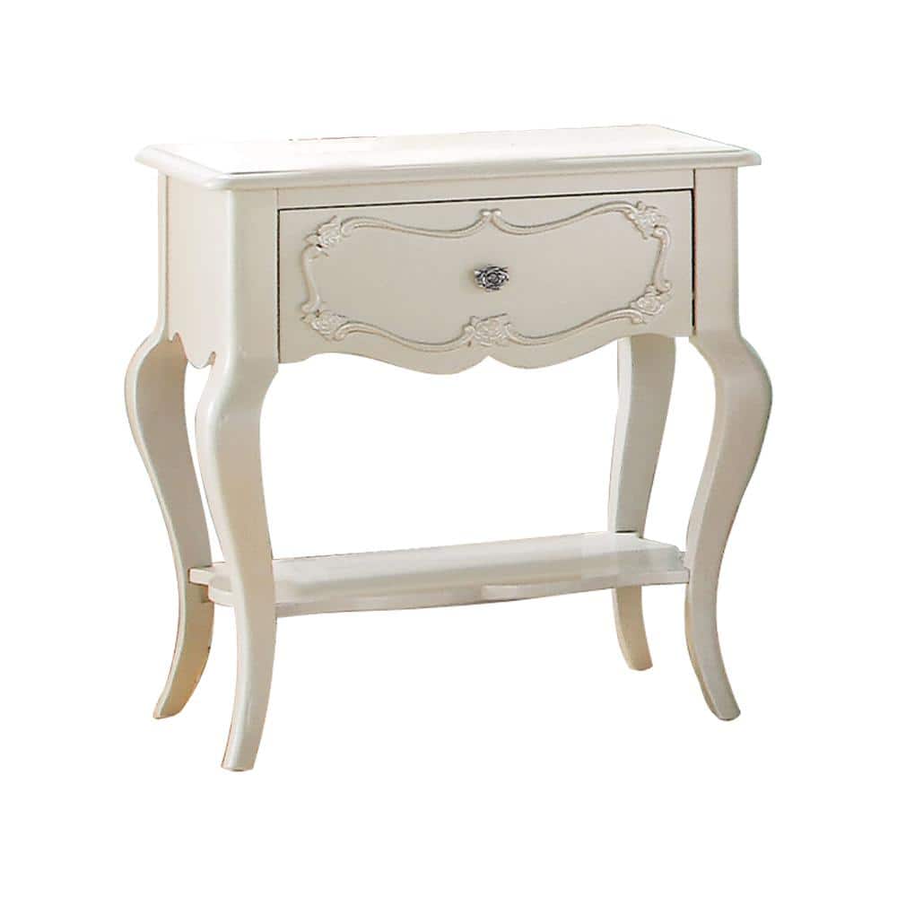 Edalene Pearl White Pine Wood Nightstand with Floral Carving