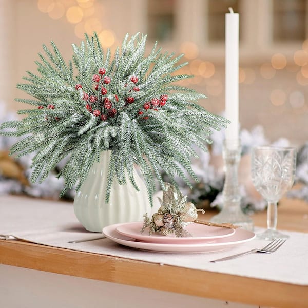 10 in. 60-Pcs Green Christmas Snow Norfolk Pine Branches with Red Berry Stems, Artificial Xmas Branches Pine Tree Needle