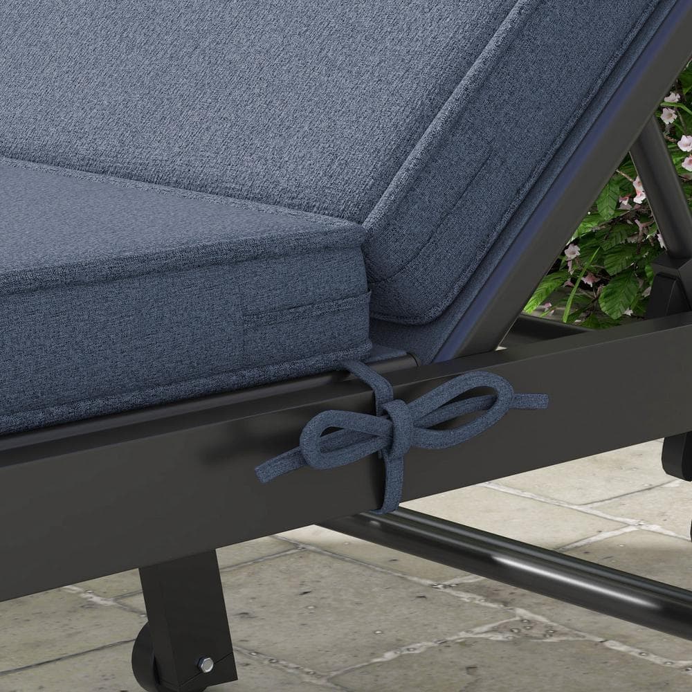 Sky Blue Polyester Patio Chaise Lounge Cushions with Ties