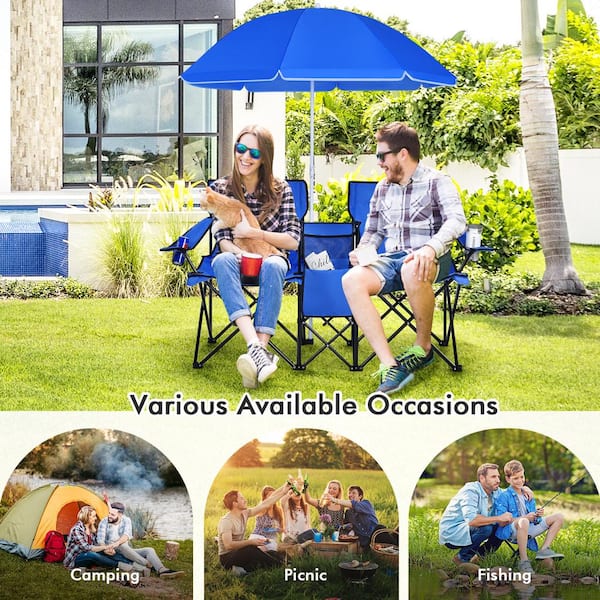 Blue Portable Folding Picnic Double Chair with Umbrella for Beach Patio Pool Park Outdoor Portable Camping Chair