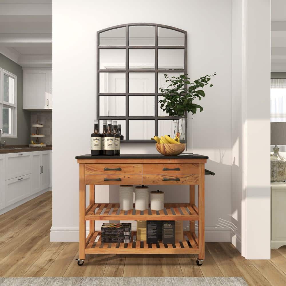 Brown Wood Kitchen Cart with Marble Top and Storage