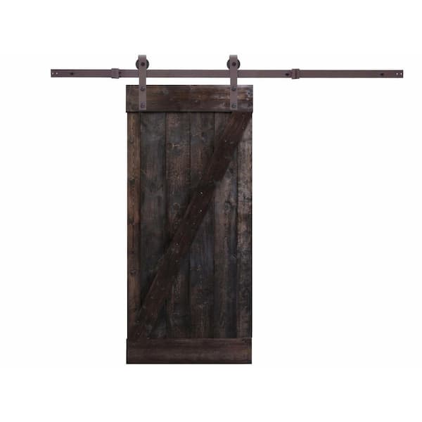 CALHOME 24 in. x 84 in. Primed Dark Coffee Natural Wood Finish 6.6 ft. Sliding Barn Door with Sliding Door Hardware Kit
