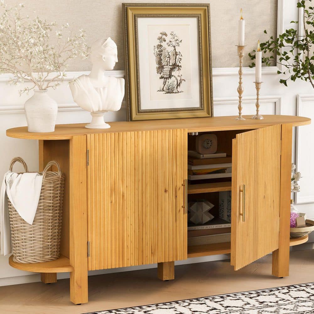 Vertical Wave Natural Wood Accent Storage Cabinet Buffet Sideboard with Double-Layer Curved Extension Shelf