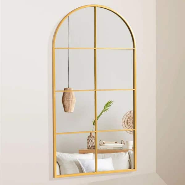 Lirago 28 in. W x 55 in. H Arched Metal Frame Wall Mirror in Gold
