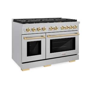Autograph Edition 48 in. 8 Burner Double Oven Gas Range in Fingerprint Resistant Stainless Steel and Polished Gold