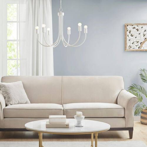 Modern 6-Light Gloss White with Graceful Scroll Arms French Candelabra Round Chandelier for Dining Room and Foyer Chandeliers