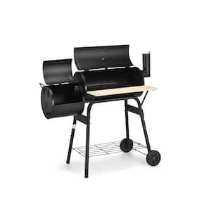 Outdoor BBQ Charcoal Grill in Black with Lid Thermometer and Bottom Shelf, Wheels