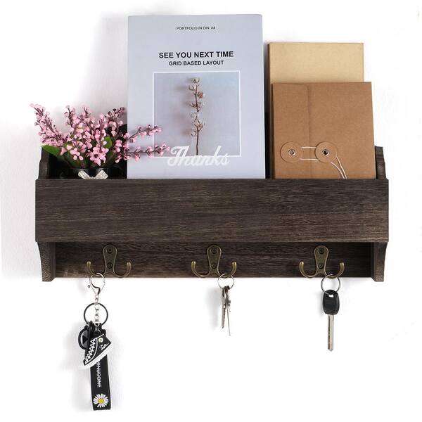 Oumilen Dark Brown Mail Holder Wall Mounted Organizer With Tags And 3 Double Key Hooks Lt Bxc039 S The Home Depot - Wooden Wall Mount Mail Organizer