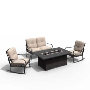 Balfour Black 4-Piece Aluminum Patio Fire Pit Conversation Sofa Set with Beige Cushions