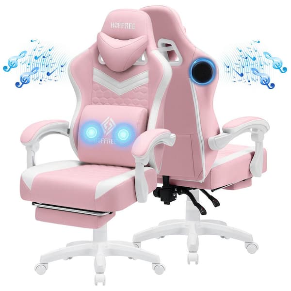 Hoffree Fabric Reclining Ergonomic Gaming Chair in Pink/White with Bluetooth Speakers and Vibration Lumbar Pillow
