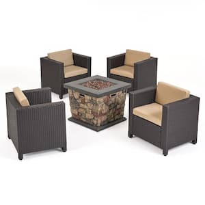 Wentz Grey 5-Piece Faux Rattan Patio Fire Pit Seating Set with Dark Grey Cushions