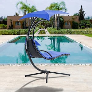 Metal Outdoor Chaise Lounge, with Removable Canopy, Built-in Pillow, Cushions, for Patio Porch Poolside (Navy)