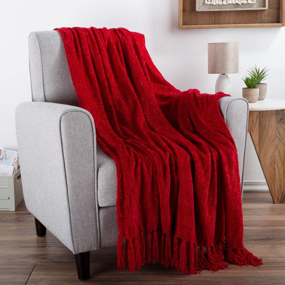 Oversized Red Chenille Throw Blanket with Fringe